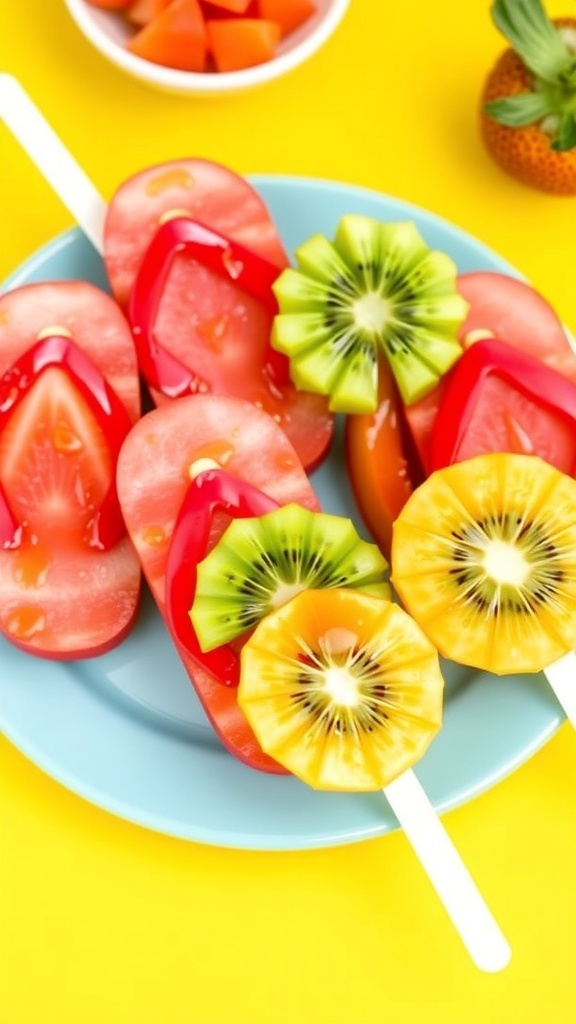 Juicy Fruit Flip Flops Recipe A platter of colorful fruit flip flops made with watermelon, strawberries, kiwi, and pineapple on sticks, drizzled with honey syrup.